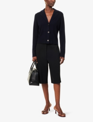 VINCE: Lapel-Collar Short-Sleeves Stretch-Wool Blend Cardigan