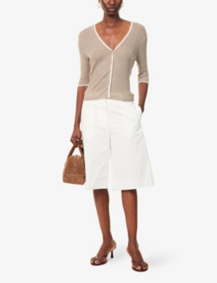 Vince Womens Off White/tapenade Striped Short-sleeves Cashmere And Silk Cardigan