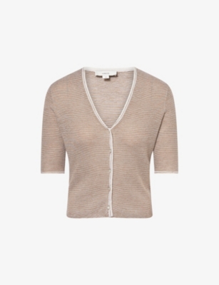 Vince Womens Off White/tapenade Striped Short-sleeves Cashmere And Silk Cardigan
