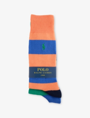POLO RALPH LAUREN: Logo-Embroidered Pack-Of-Two Colour-Block Stretch-Cotton Crew Socks