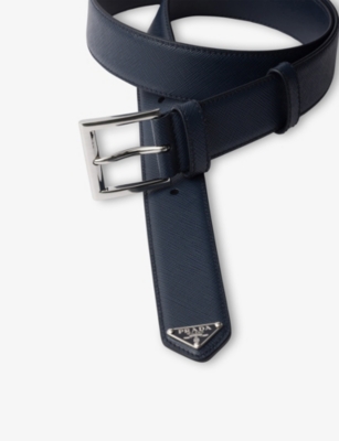 Prada Mens Blue Triangle-logo Saffiano Leather Belt In Blue
