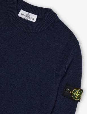 Stone Island Navy Blue Brand-badge Crew Neck Wool-blend Knitted Jumper 4-12 In Blue