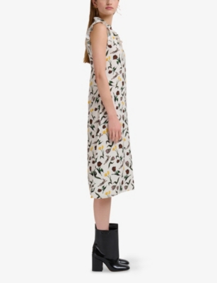 Marni Womens Thw04 Floral And Hare-print Ruffled-trim Satin Midi Dress