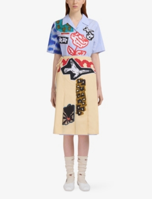 Marni Womens Stb50 Striped Abstract-print Cotton Midi Skirt In Neutral