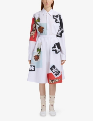 Marni Womens 00w01 Abstract-print High-rise Cotton-poplin Midi Skirt In White