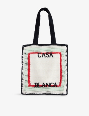 Casablanca Mens White Stripe Crochet Cotton Tote Bag In White