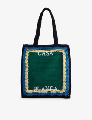 Casablanca Mens Green Stripe Crochet Cotton Tote Bag In Green