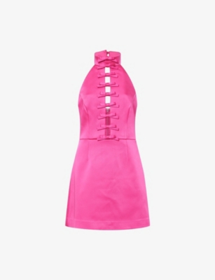 Rebecca Vallance Womens Saskia Bow Halterneck Woven Mini Dress Hot Pink