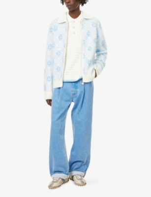 Casablanca Mens Monogram Polo-collar Knit Cardigan Xl In Blue