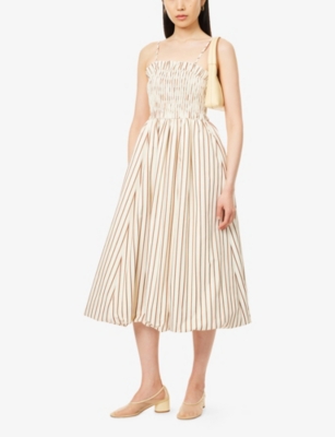 Amy Lynn Womens Beige Polly Shirred Puffball Cotton Midi Dress