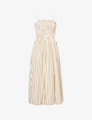 Amy Lynn Womens Beige Polly Shirred Puffball Cotton Midi Dress