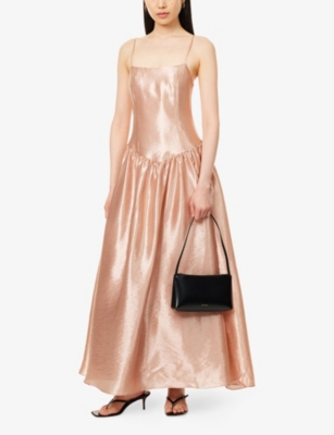 Amy Lynn Womens Champagne Drop-waist Metallic Satin-crepe Maxi Dress