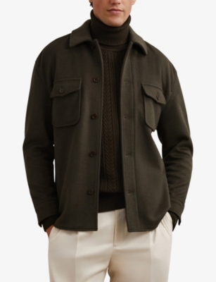 Reiss Mens Khaki Green Liam Patch-pocket Wool-blend Overshirt Xs In Green