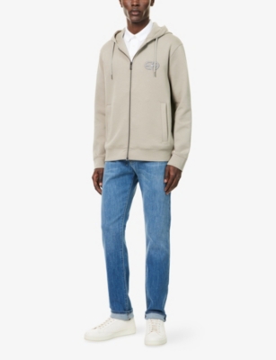 Emporio Armani Mens Greige Logo-embroidered Zipped Stretch-cotton Hoody Xl In Neutral