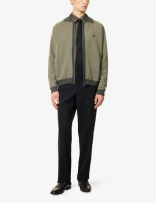 EMPORIO ARMANI: Embroidered-Logo Striped-Trims Wool Blend Cardigan