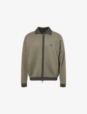 EMPORIO ARMANI: Embroidered-Logo Striped-Trims Wool Blend Cardigan