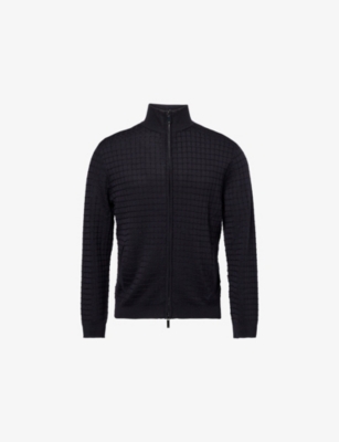 EMPORIO ARMANI: Funnel-Neck Textured Wool-Blend Knitted Cardigan