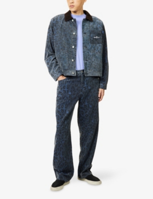 Awake Ny Mens Navy Leopard-print Straight-leg Corduroy Trousers In Blue