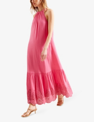 RO&ZO: Broderie-Hem Halterneck Sleeveless Cotton Midi Dress