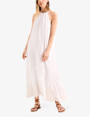 RO&ZO: Broderie-Hem Halterneck Sleeveless Cotton Midi Dress