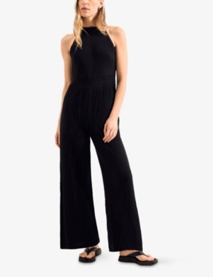 Ro&zo Womens Black Shirred-waist Halterneck Sleeveless Cotton Jumpsuit