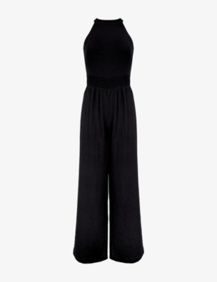 Ro&zo Womens Black Shirred-waist Halterneck Sleeveless Cotton Jumpsuit