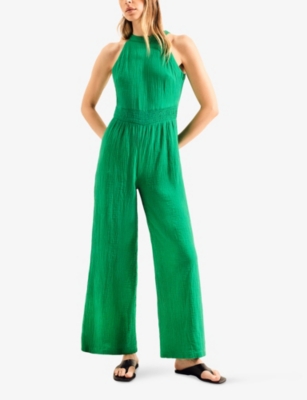 RO&ZO: Shirred-Waist Halterneck Sleeveless Cotton Jumpsuit