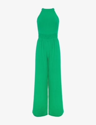 RO&ZO: Shirred-Waist Halterneck Sleeveless Cotton Jumpsuit