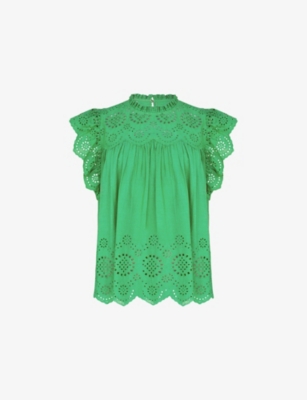 Ro&zo Womens Green Flutter-sleeved Broderie-pattern Cotton Blouse