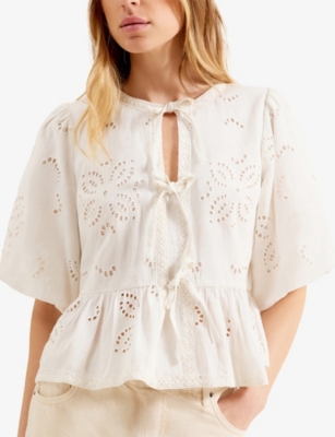 Ro&zo Womens Tie-front Puff-sleeve Broderie Cotton And Linen-blend Blouse Ivory In White
