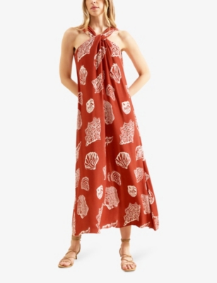 Ro&zo Womens Red Seashell-print Halterneck Woven Maxi Dress In Brown