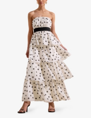 Ro&zo Womens Claudia Polka-dot Tiered Cotton And Linen-blend Maxi Dress Black In Multi