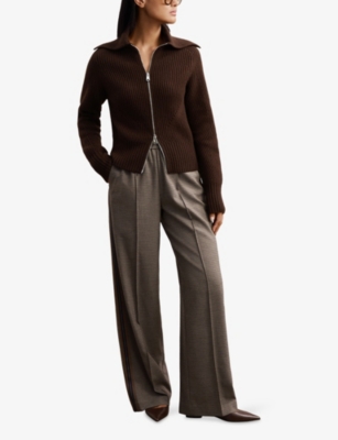 Reiss Womens Chocolate Brown Ruby Zip-up Wool Cardigan Xs In Brown