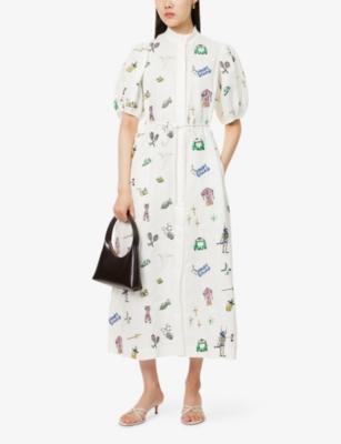 Alemais Womens Play Graphic-embroidered Linen Midi Dress Cream In White