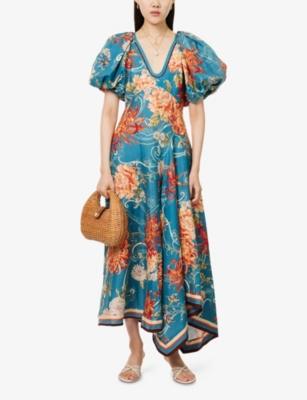 Alemais Womens Blue Fletcher Puff-sleeve Ramie Midi Dress