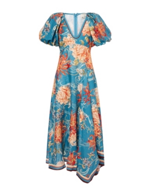 Alemais Womens Blue Fletcher Puff-sleeve Ramie Midi Dress