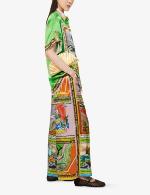 Alemais Womens Multi Lucky Pace Graphic-print Wide-leg Mid-rise Silk Trousers
