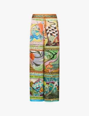 Alemais Womens Multi Lucky Pace Graphic-print Wide-leg Mid-rise Silk Trousers