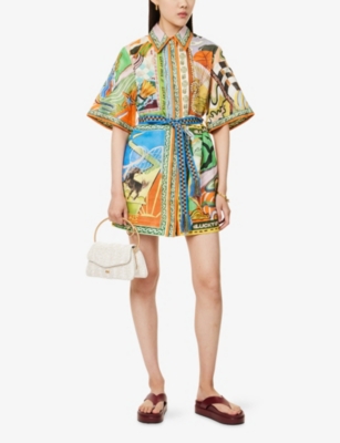 Alemais Lucky Pace Belted Printed Linen-gauze Mini Shirt Dress In Multi