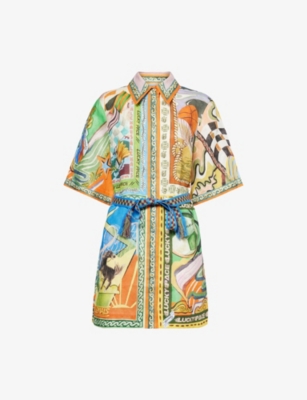 Alemais Lucky Pace Belted Printed Linen-gauze Mini Shirt Dress In Multi