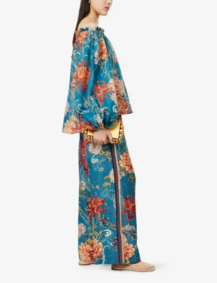Alemais Floral-print Pleated Trousers In Blue