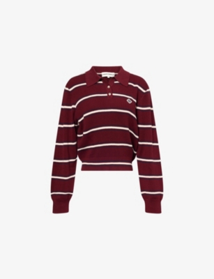 The Couture Club Womens Stripe-print Knitted Cotton Rugby Sweatshirt Burgundy