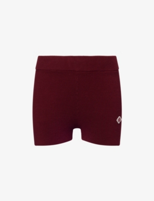The Couture Club Womens Emblem-embroidered Ribbed-knit Cotton Mini Shorts Burgundy