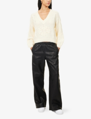 The Couture Club Womens Buttermilk Emblem V-neck Knitted Jumper In Neutral