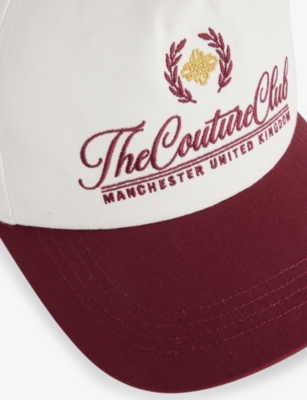 The Couture Club Mens Burgundy Laurel Embroidered Cotton Baseball Cap In White