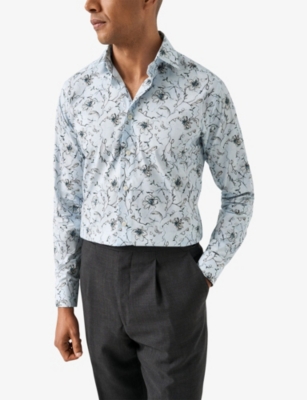 Eton Mens Light Blue Floral-print Contemporary-fit Cotton-twill Shirt In Blue