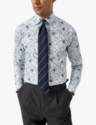 Eton Mens Light Blue Floral-print Contemporary-fit Cotton-twill Shirt In Blue
