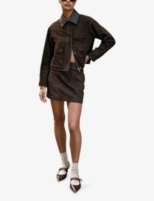 Reiss Womens Chocolate Brown Vida Patch-pocket Suede Mini Skirt In Brown