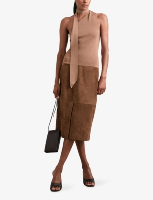 Reiss Womens Tan Brown Miley Split-hem Suede Midi Skirt In Brown