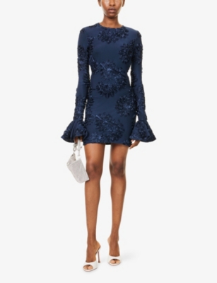 Rotate Birger Christensen Womens Navy Rosita Floral-applique Mesh Mini Dress In Blue
